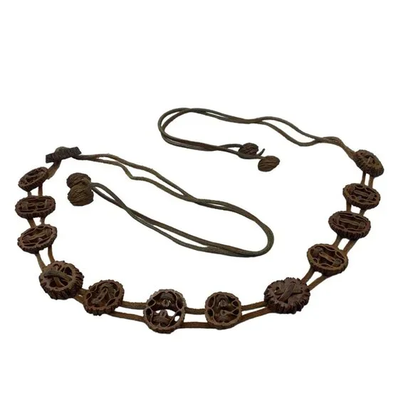 Vintage | Accessories | Vtg Boho Carved Walnut Shell Leather 